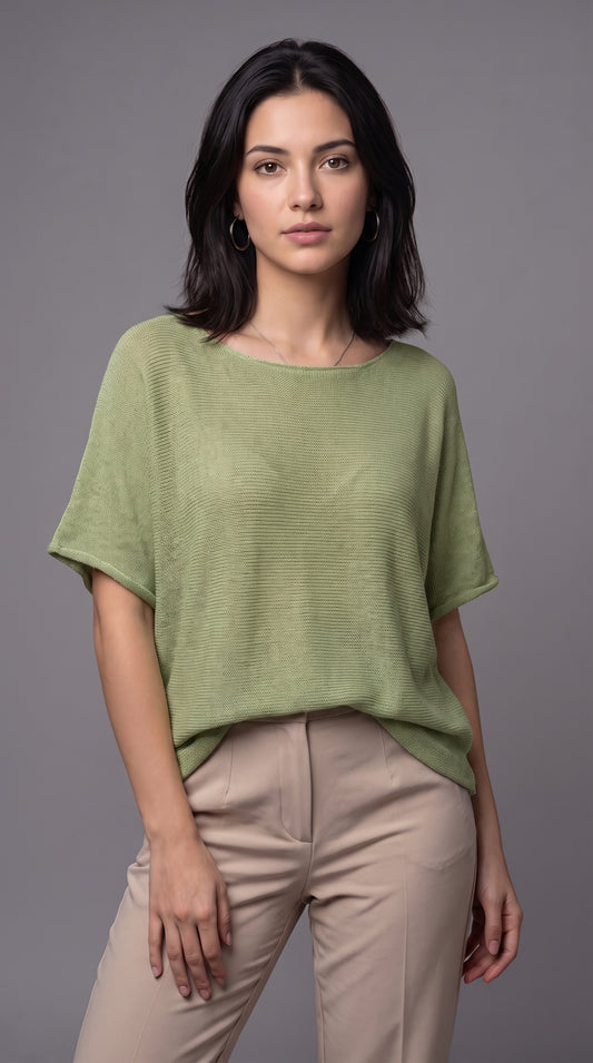 Feinstrick Bluse Kurzarm 100% Baumwolle – Made in Italy Sommer Strickshirt Oversized Halbarm One Size S-L
