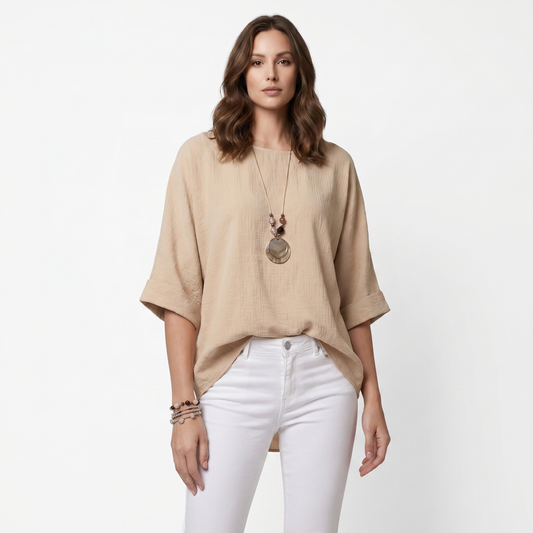 EDELHELD Damen Oversize Bluse mit Kette – Leichte Viskose Kurzarm Sommerbluse Unifarben | Lässig Geschnitten mit Vokuhila-Saum