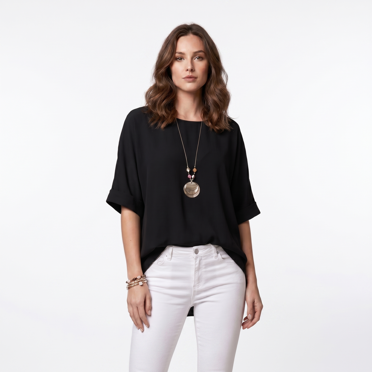 EDELHELD Damen Oversize Bluse mit Kette – Leichte Viskose Kurzarm Sommerbluse Unifarben | Lässig Geschnitten mit Vokuhila-Saum