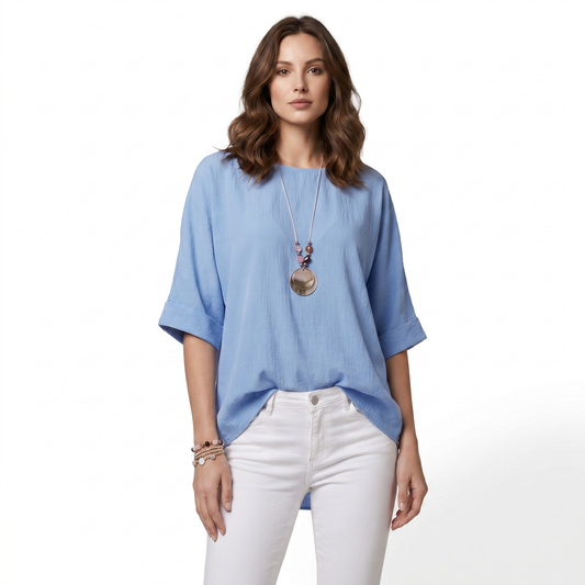EDELHELD Damen Oversize Bluse mit Kette – Leichte Viskose Kurzarm Sommerbluse Unifarben | Lässig Geschnitten mit Vokuhila-Saum