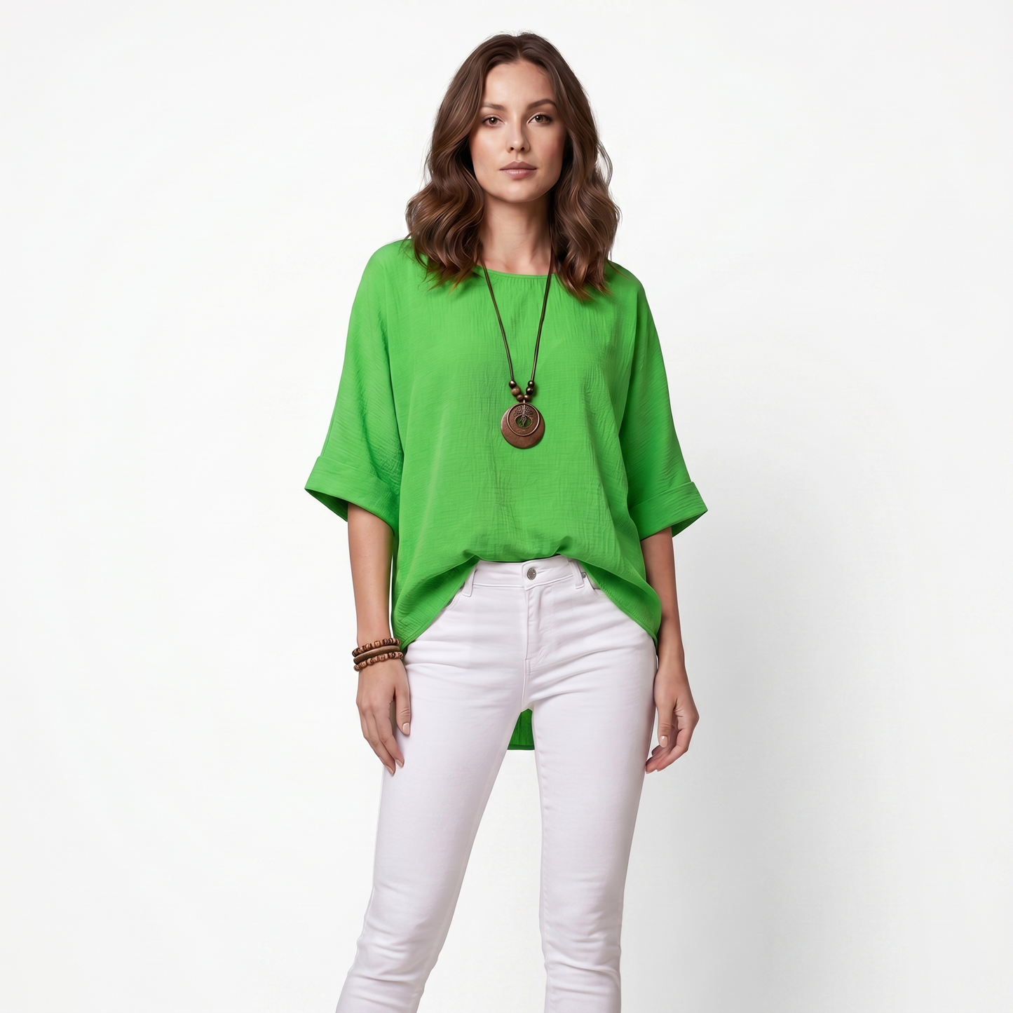 EDELHELD Damen Oversize Bluse mit Kette – Leichte Viskose Kurzarm Sommerbluse Unifarben | Lässig Geschnitten mit Vokuhila-Saum