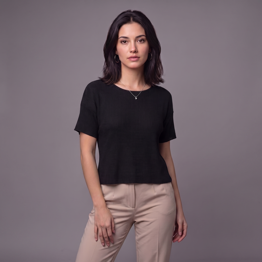 Feinstrick Bluse Kurzarm 100% Baumwolle – Made in Italy Sommer Strickshirt Oversized Halbarm One Size S-L