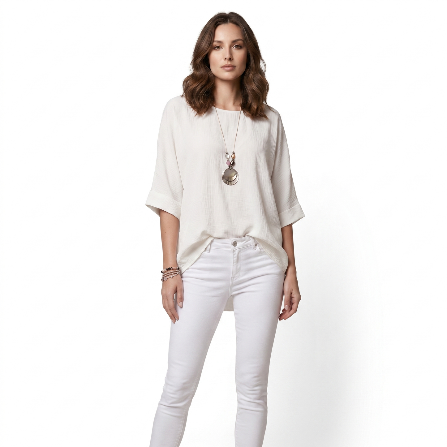 EDELHELD Damen Oversize Bluse mit Kette – Leichte Viskose Kurzarm Sommerbluse Unifarben | Lässig Geschnitten mit Vokuhila-Saum